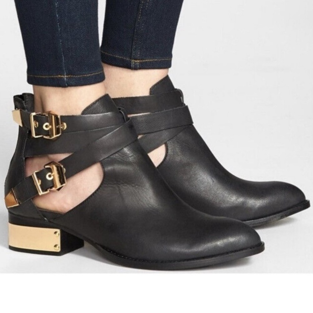 JEFFREY CAMPBELL Women's Everly Leather Black Gold Cut-Out Buckle Boots 5.5